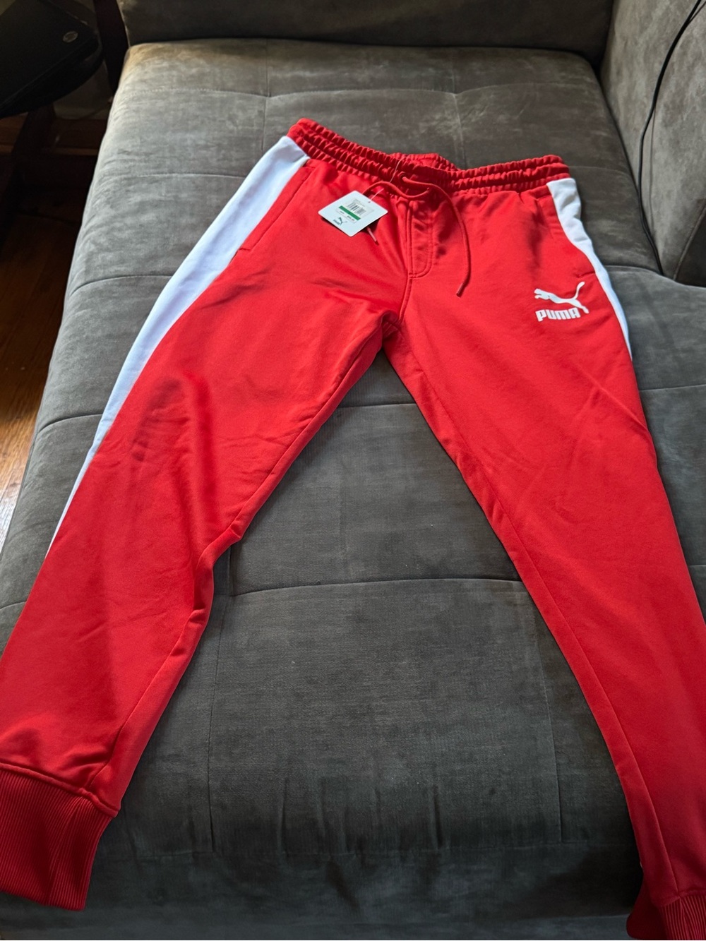 Puma Red Joggers with White Side Stripes